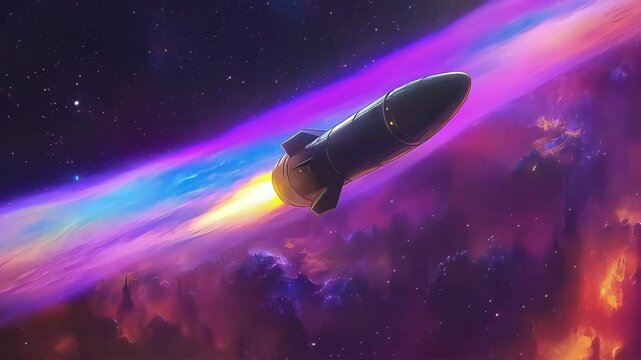 A sleek rocket soars through a vibrant cosmic landscape filled with colorful clouds.