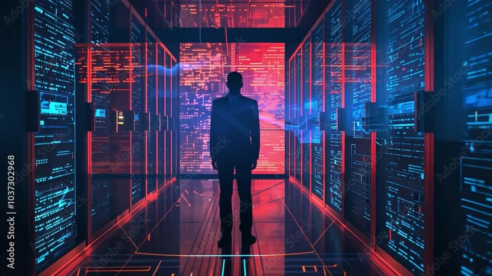 Poster A solitary figure stands in a high-tech corridor, surrounded by vibrant digital displays and intricate patterns of light, creating an otherworldly atmosphere at night.