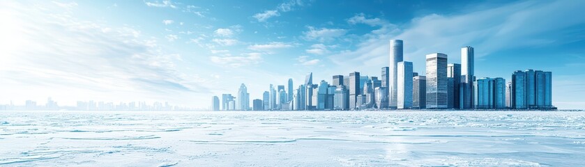 Skyline view of modern city skyscrapers against a bright blue sky over frozen water.