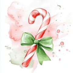 A detailed hand-painted clipart of a red and white striped candy cane with a green bow, soft lighting and subtle shadows, digital art style, smooth and slightly textured surface, v