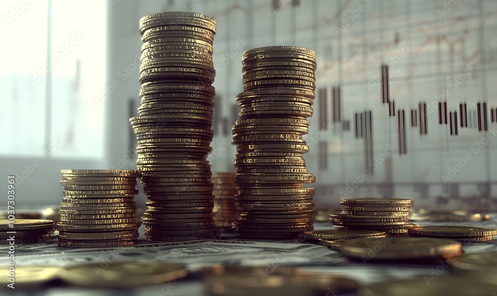 Aufkleber a close-up of stacks of shiny coins with financial graphs in the background, symbolizing wealth and 