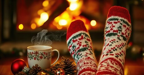 Feet in Woollen Socks by the Christmas Fireplace. AI generated illustration.