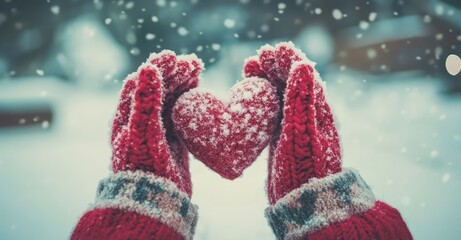 Female Hands in Knitted Mittens with Snow Heart. AI generated illustration.
