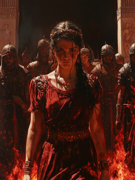 The Sacrifice of Iphigenia - woman, warrior, red dress, fire, ancient, battle, fierce, historical, power, drama, strength, leader, gladiator, myth, epic, fiery, conflict, hero