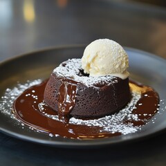 A rich chocolate lava cake with molten center, garnished with powdered sugar and a scoop of vanilla ice cream