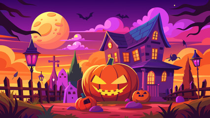 Scary Halloween Background With Pumpkins, Moon, Grave, Bat, And Haunted House Vector Illustration