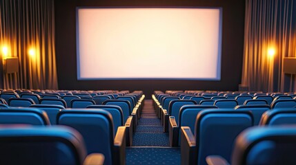 Fototapeta premium A row of empty movie theater seats facing a wide blank screen, with soft lighting on the stage.