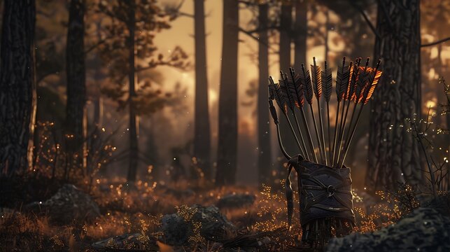 A mysterious quiver and elven arrows in a forest at dusk