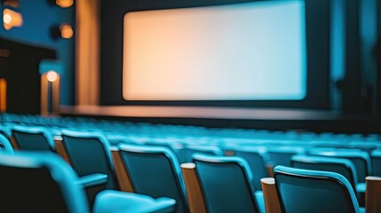 A row of empty theater seats in focus, with a large blank stage screen in the distance, ready for a show.