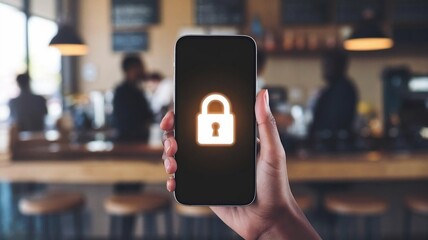 Smartphone Displaying Lock Symbol in Modern Café Setting