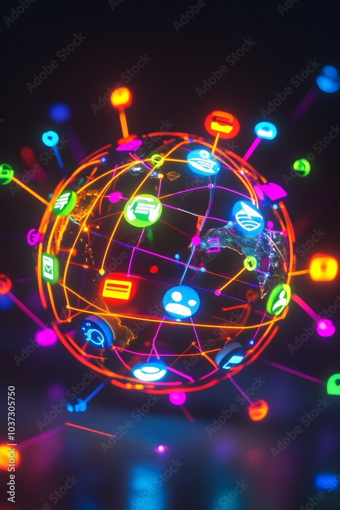 Poster a vibrant digital globe connected by colorful icons representing various online platforms and servic