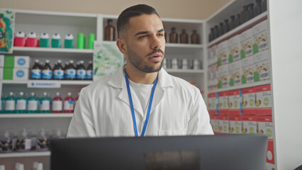 Handsome hispanic man wearing a lab coat working on a computer in a modern pharmacy