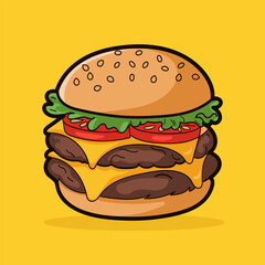 Detailed vector illustration of a large, appetizing burger with layers of fresh vegetables, juicy meat, and a soft bun.