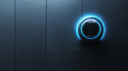 A digital thermostat controlling a heating system, placed against a sleek, tech-inspired background, leaving room for text