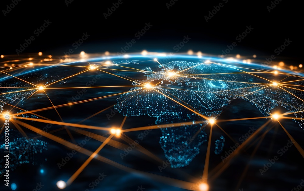 Aufkleber A digital representation of a global network, showcasing interconnected nodes illuminating various regions on Earth.