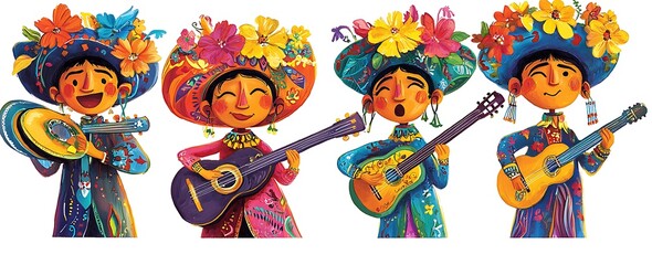 5 cute Day of the Dead characters playing music