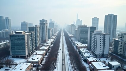 Generative, AI, snowy cityscape with high-rise buildings and roads, muted colors due to overcast weather.