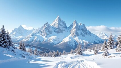 Snowy mountain range with jagged peaks pine trees and clear blue sky