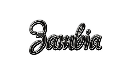 black metal 3d design of Country name Zambia on white background.