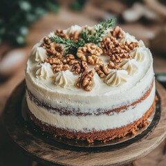 A rustic carrot cake with cream cheese frosting, topped with walnuts and set on a wooden table