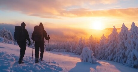 Hikers Enjoying a Sunset in a Snow-Covered Forest. AI generated illustration.