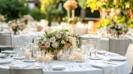 Wedding reception in a garden with tables decorated with flowers candles and white linens
