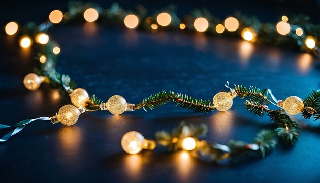 christmas garland bokeh lights over dark blue background