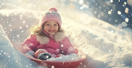 Little Girl Riding on Snow Slides in Winter. AI generated illustration.
