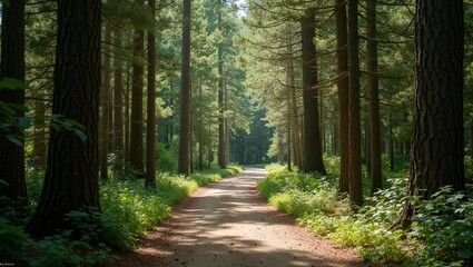 Obraz premium Tranquil forest trail with tall trees and sunlight filtering through