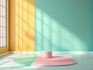 Serene and modern 3D interior studio scene featuring pastel colored walls and floor empty minimalist space with a display podium natural window lighting casting soft shadows