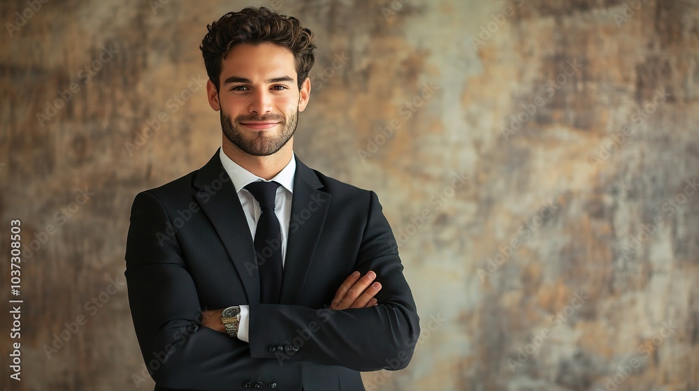 Wall mural Confident Man in Suit Standing Against Textured Background