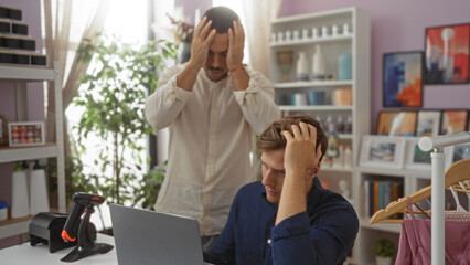 Two men stressed in a home decor store, one standing and the other sitting, surrounded by various decorative items and furniture