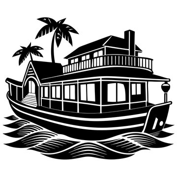 black houseboat on water with palm trees clip art preview