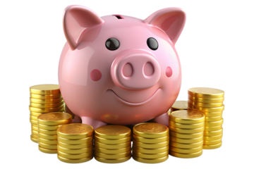 A pink piggy bank on top of gold coins, isolated on a transparent background,