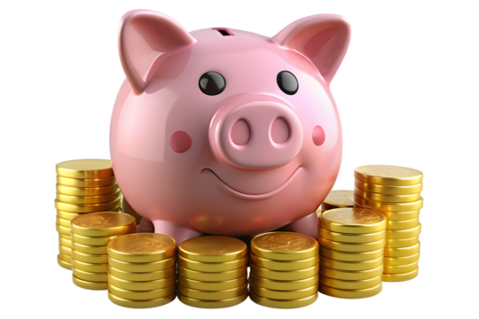 A pink piggy bank on top of gold coins, isolated on a transparent background,