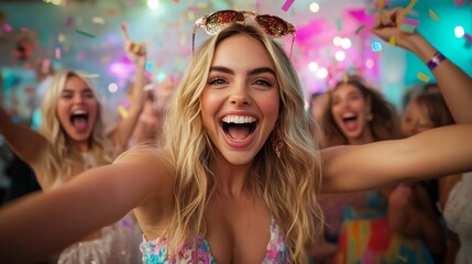 Festival Fun Selfie: A radiant young woman takes a selfie amidst a flurry of confetti and joyful friends at a vibrant music festival, capturing the electric energy and excitement of the moment. 