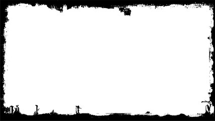 Black and white grunge frame vector distress overlay texture. Grunge border Ink brush strokes mess.