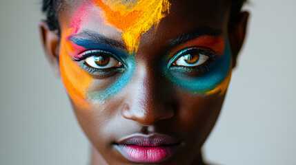 A portrait of a person with colorful makeup, showcasing artistic and creative expression.