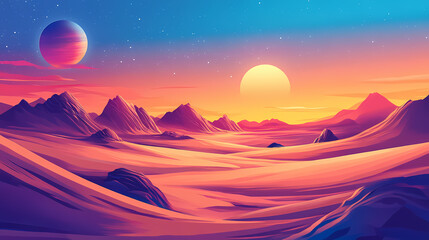 Alien desert landscape with setting sun and planetary skies. Alien Skies. Illustration