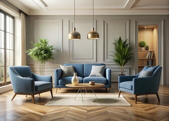 Fototapeta premium Minimalist Interior Design with Blue Armchairs, Cocoa Sofa, and Oak Floor for Modern Living Spaces