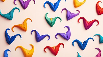 A set of colorful jester hats arranged in a playful pattern on a neutral background.