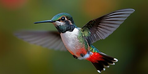 Fototapeta premium Hummingbird in flight, vibrant colors and intricate patterns.