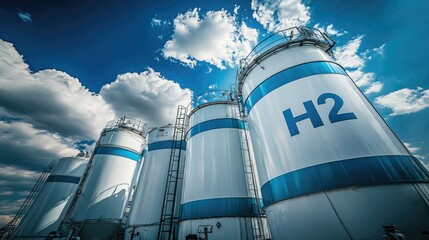 A set of hydrogen energy tanks with bold "H2" labels, standing tall under a bright blue sky.