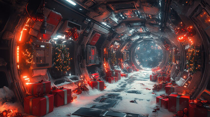 A stunning futuristic corridor decorated for the holidays, featuring vibrant lights, snow, and beautifully wrapped presents, creating a unique festive atmosphere