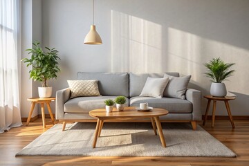 Minimalist Living Room with Gray Sofa and Wooden Table in Natural Light - Low Light Photography