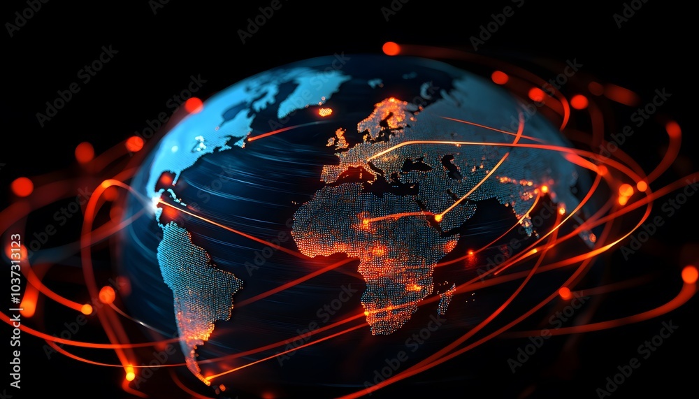 Poster a digitally enhanced globe with glowing connections worldwide, symbolizing global communication and 