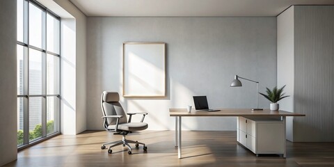 Fototapeta premium Minimalist Office Design with Blank White Poster for Creative Inspiration and Productivity