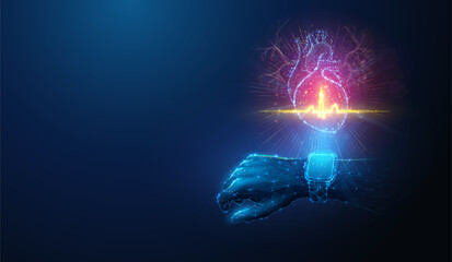 Abstract illustration of low poly smart watch with human heart hologram made of neon particles. Blue geometric background depicting heart healthcare and health monitoring medical concept by wireframe