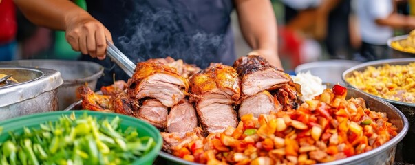 Obraz premium Filipino street vendor with lechon, festive vibe, smoky aroma, local crowd, Filipino roast, street food feast