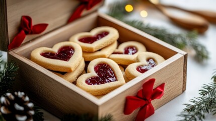 A wooden box filled with heart-shaped cookies filled with red jam, tied with a red ribbon and decorated with pine branches and pine cones.